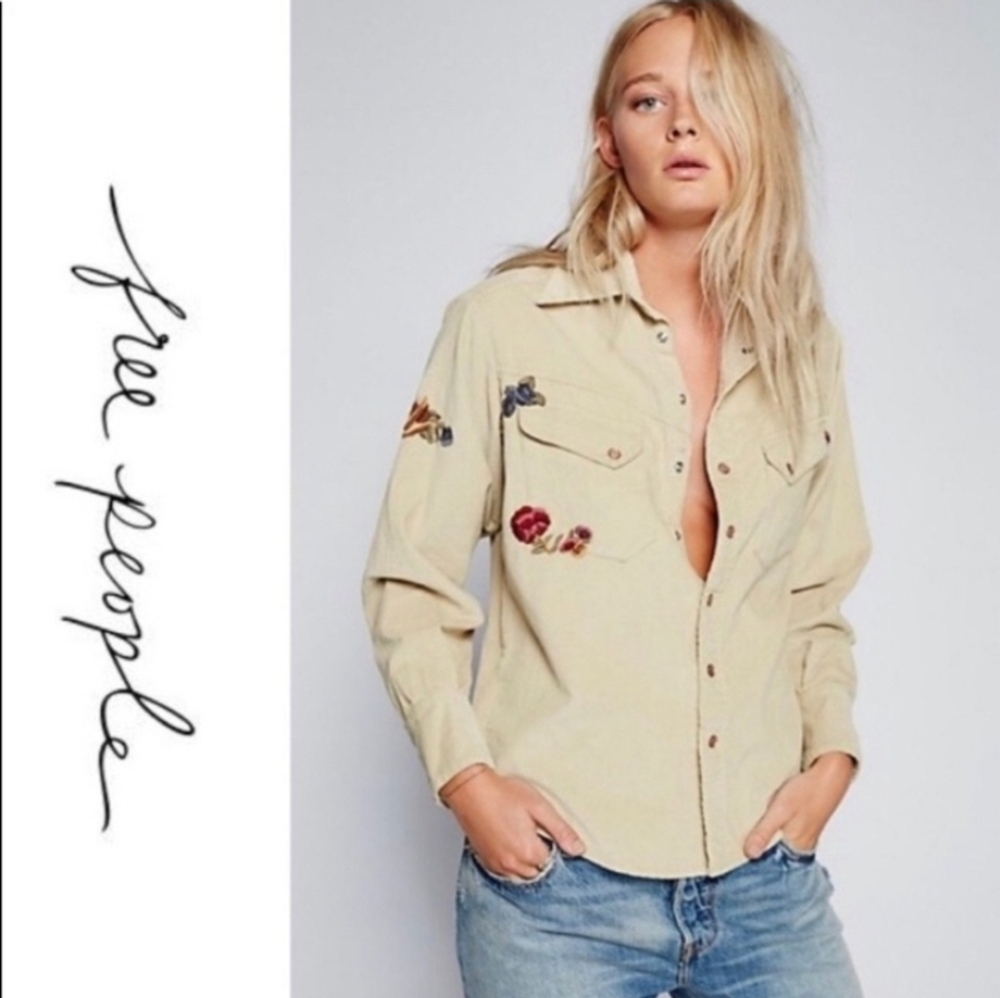 Free People Cream Floral Embroidered Blouse